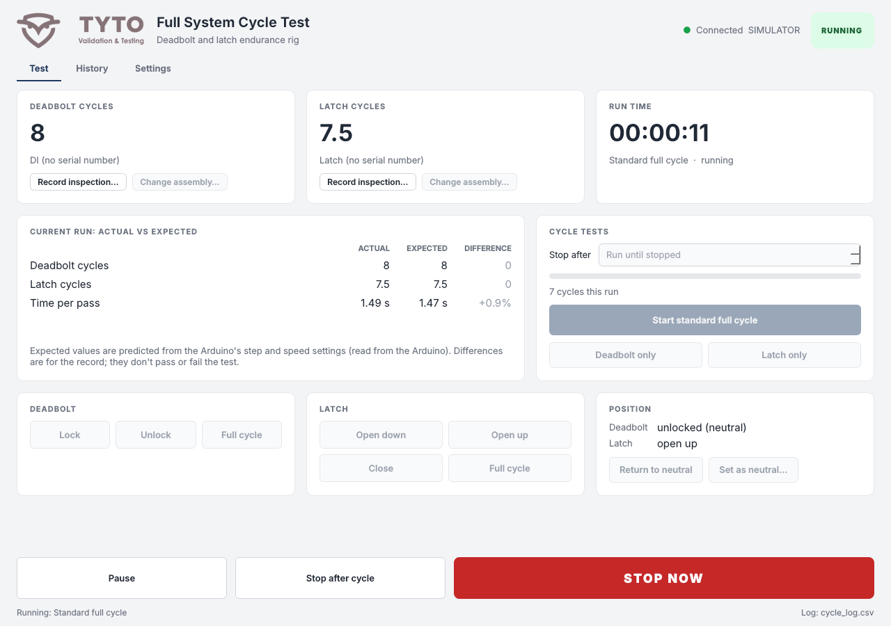 The Full System Cycle Test app's Test tab during a simulated run: deadbolt and latch cycle counts, run time, actual versus expected cycles, motor controls, position, and Pause, Stop after cycle and STOP NOW buttons
