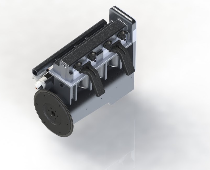 Rendered CAD model of the complete inline-4 engine with flywheel, block, cylinder head and manifolds