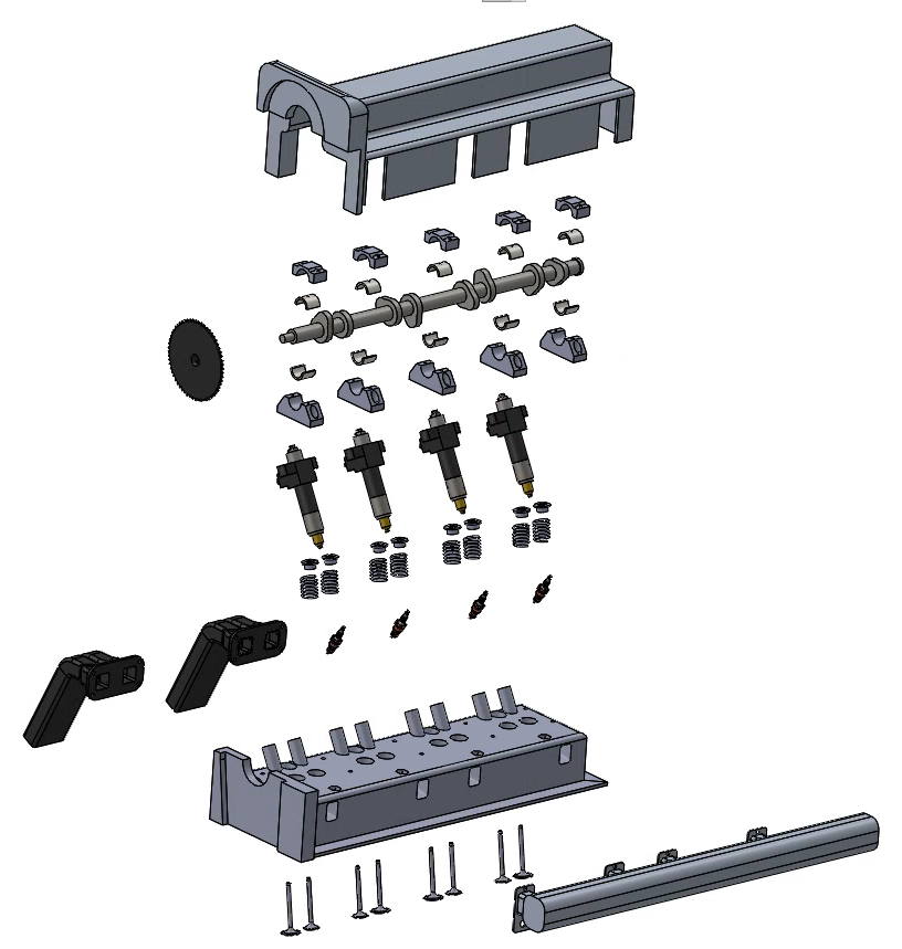 Exploded view of the valve cover, camshaft, cam bearings, tappets, valves, cylinder head and manifolds