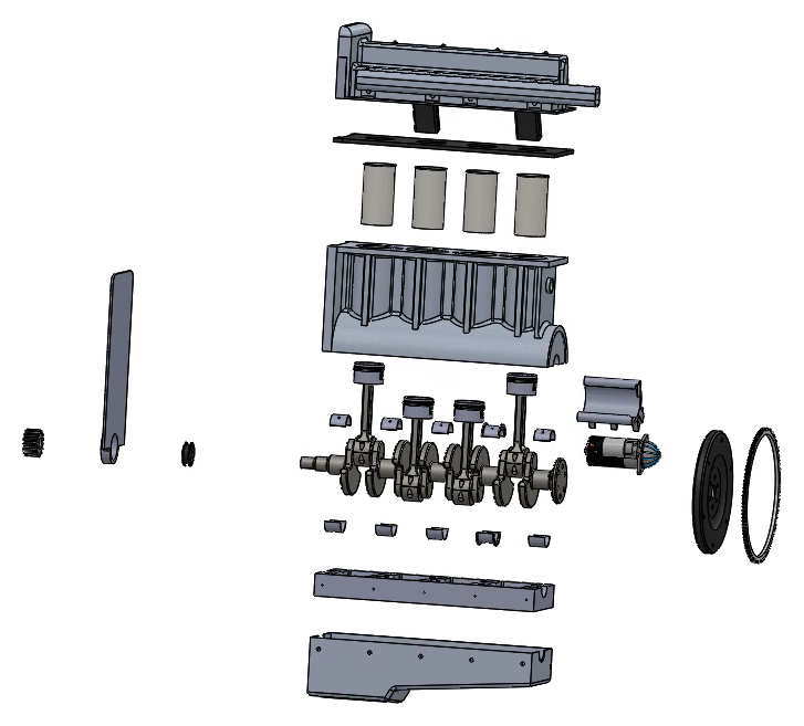 Exploded view of the whole engine, from valve cover down through head, block, crankshaft, flywheel and sump