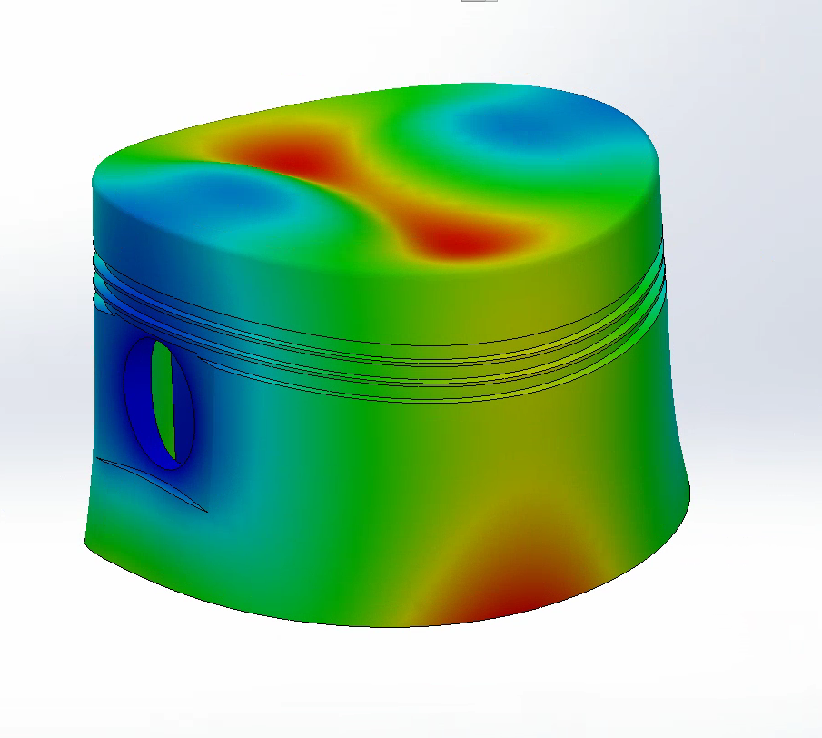 Finite element plot on the piston, colored from blue to red