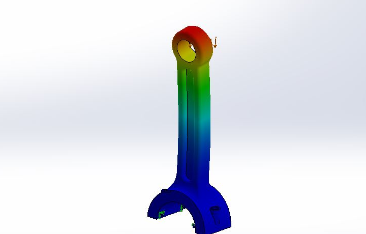 Buckling FEA plot of the connecting rod, colored from blue at the big end to red at the small end