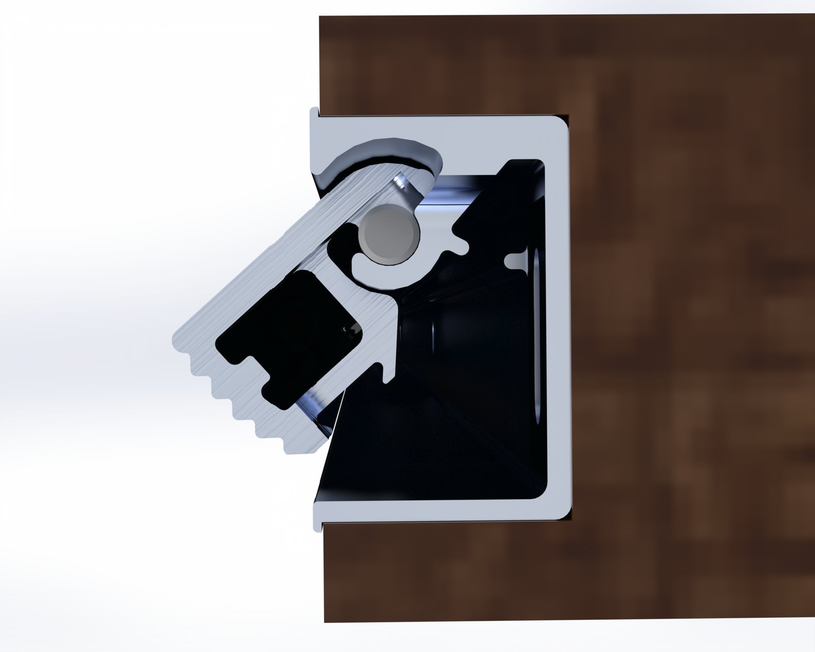 Top-down section render of the aluminum door edge profile engaging the jamb profile