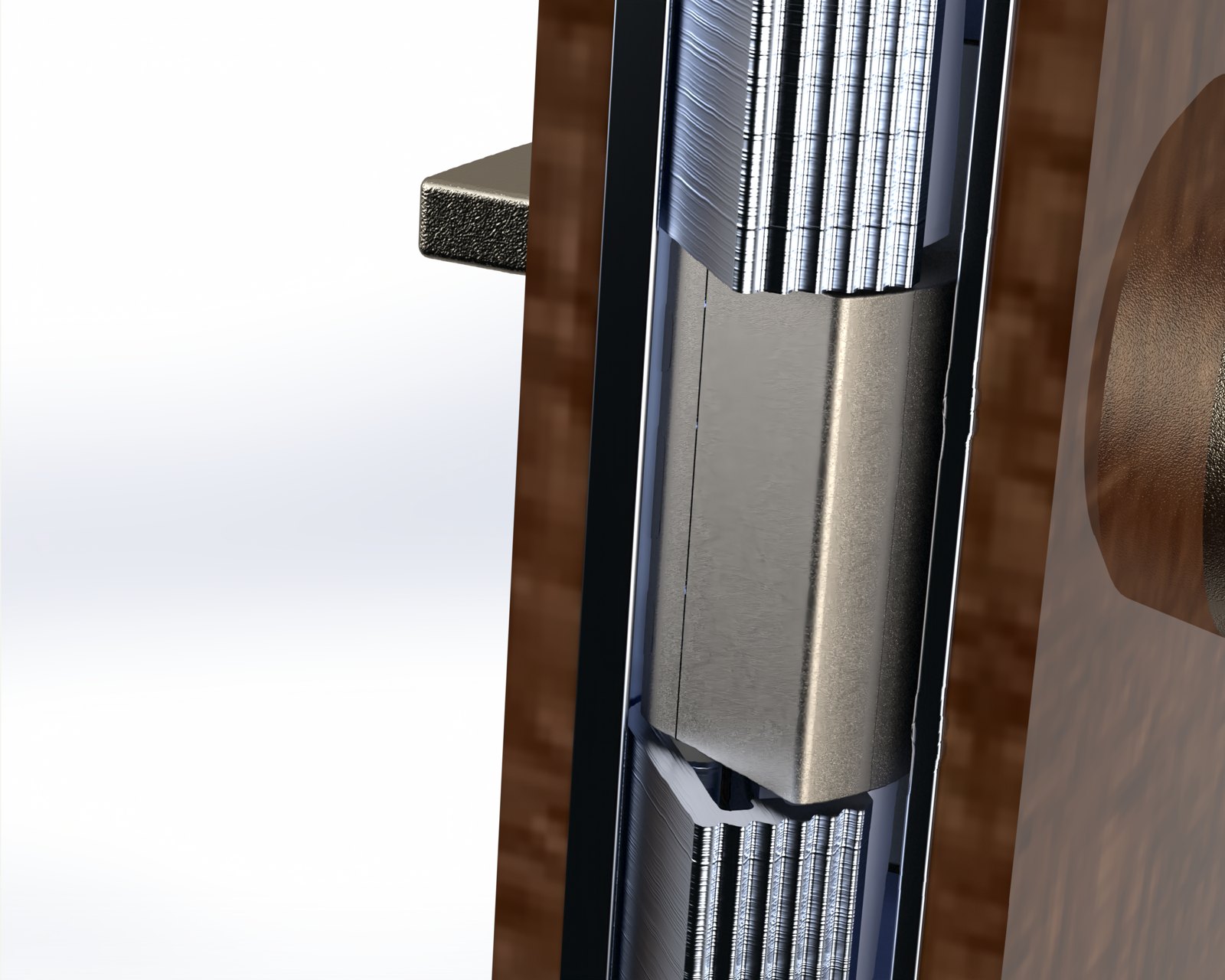 Close-up render of the door edge profile at the latch