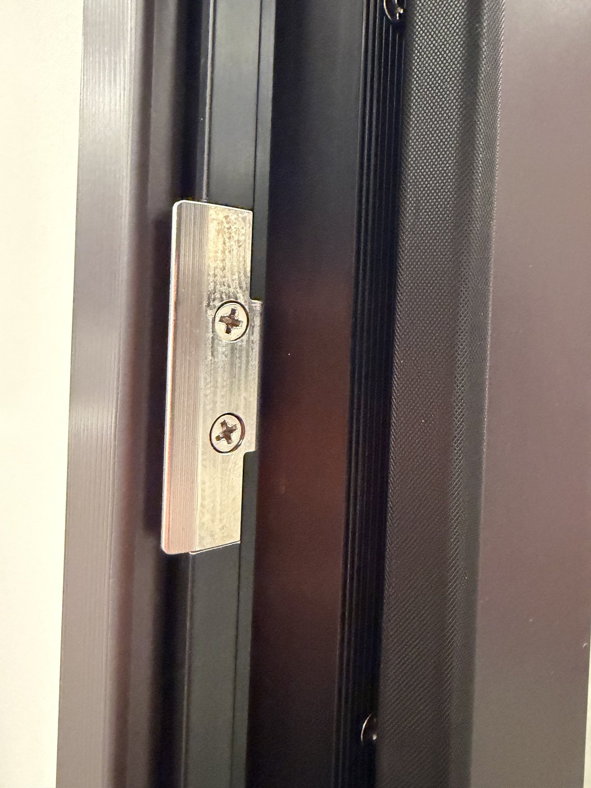 Photo of the anodized jamb profile and strike on a finished door