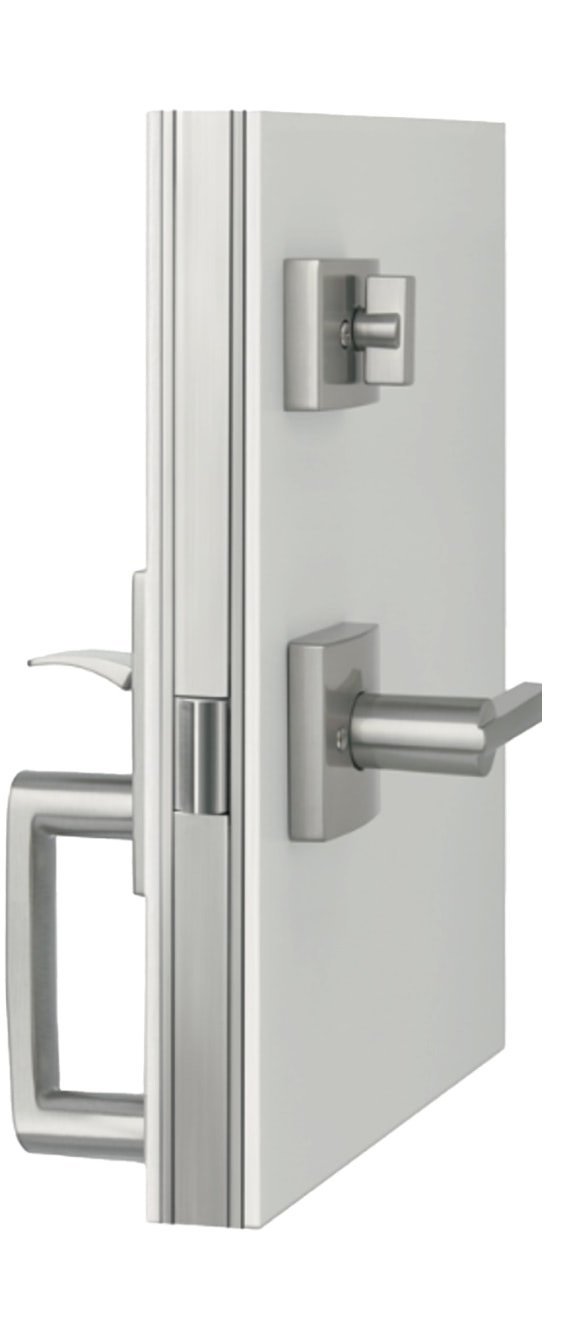 Render of a door slab with Tyto's edge, a deadbolt thumb turn and a lever handleset